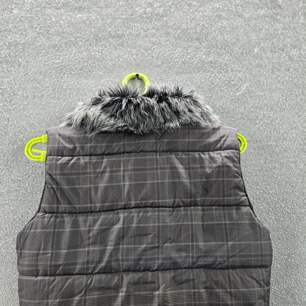 FOX Women Vest SMALL Gray Plaid Head Puffer Fur‎ Trim Embroidered Logo - Picture 8 of 10